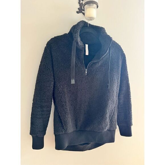Athleta Pullover Womens XS Black Deep Pile Fleece 1/4 Zip Preppy Drawstring - Picture 4 of 9